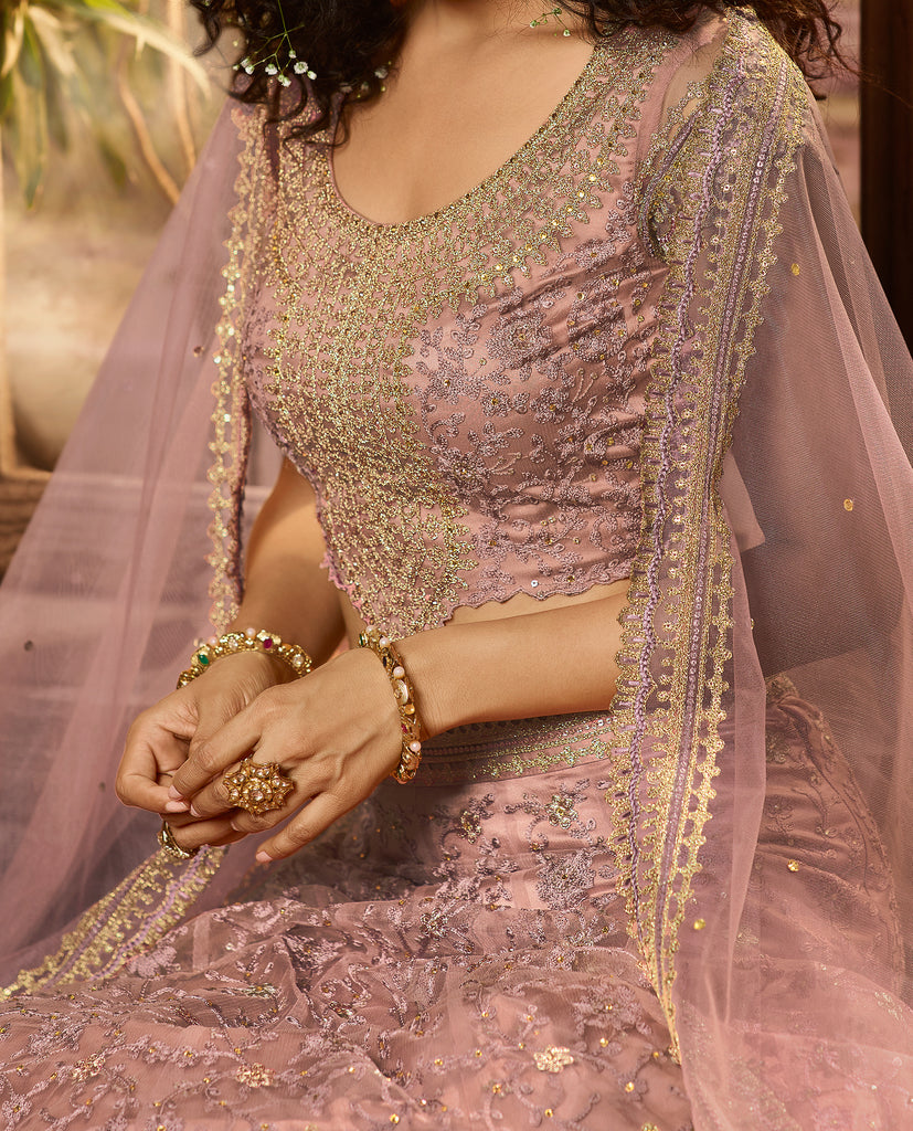 Mauve Purple Designer Heavy Embroidered Net Wedding & Bridal Lehenga-Saira's Boutique