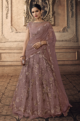 Taupe Designer Heavy Embroidered Net Wedding Lehenga