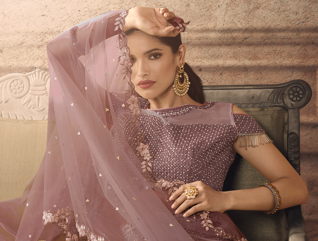 Mauve Designer Heavy Embroidered Net Wedding Lehenga-Saira's Boutique