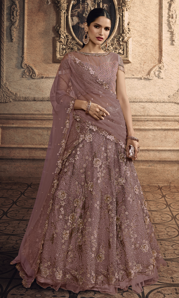 Mauve Designer Heavy Embroidered Net Wedding Lehenga-Saira's Boutique