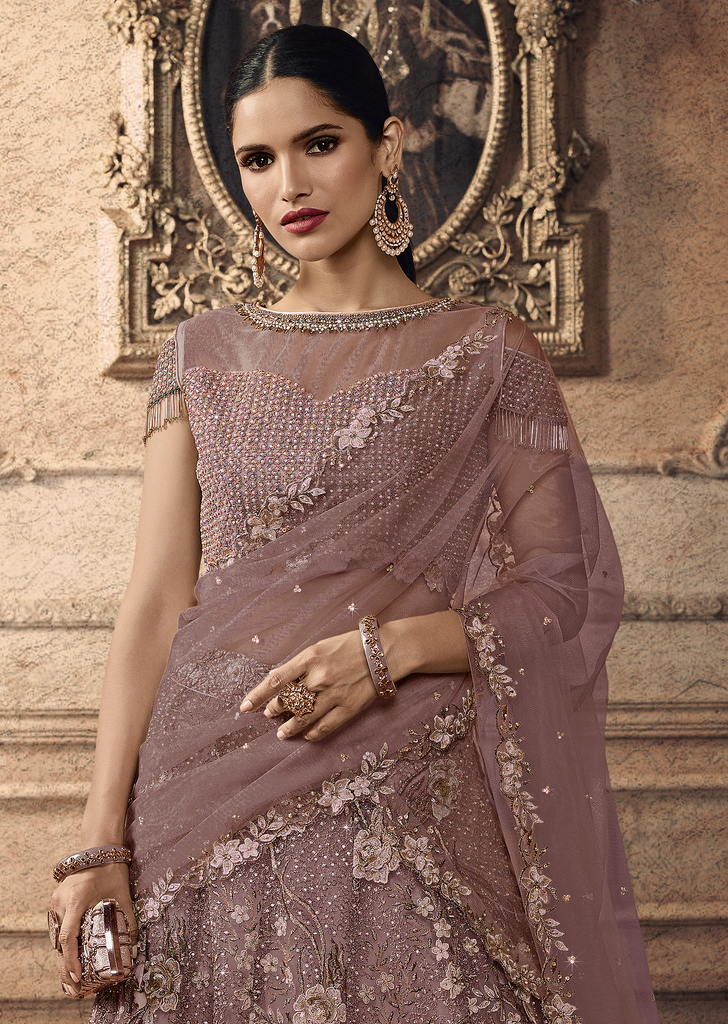 Mauve Designer Heavy Embroidered Net Wedding Lehenga-Saira's Boutique