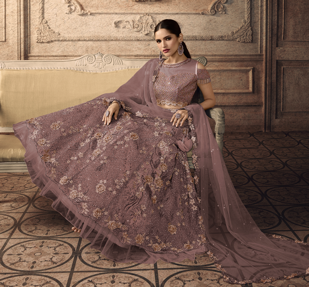 Mauve Designer Heavy Embroidered Net Wedding Lehenga-Saira's Boutique