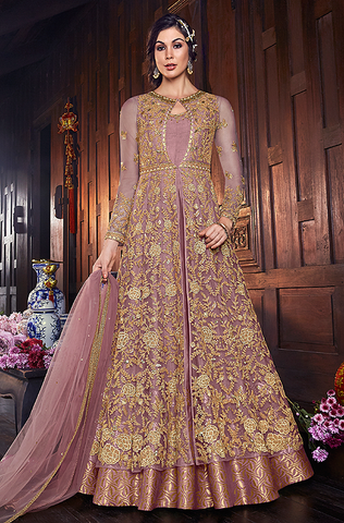 Light Brown Designer Embroidered Satin Bridal Anarkali Gown