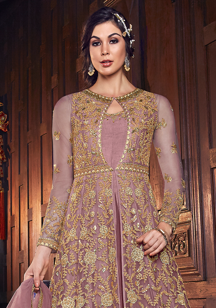 Mauve Gold Designer Embroidered Silk Bridal Anarkali Gown Saira s Boutique