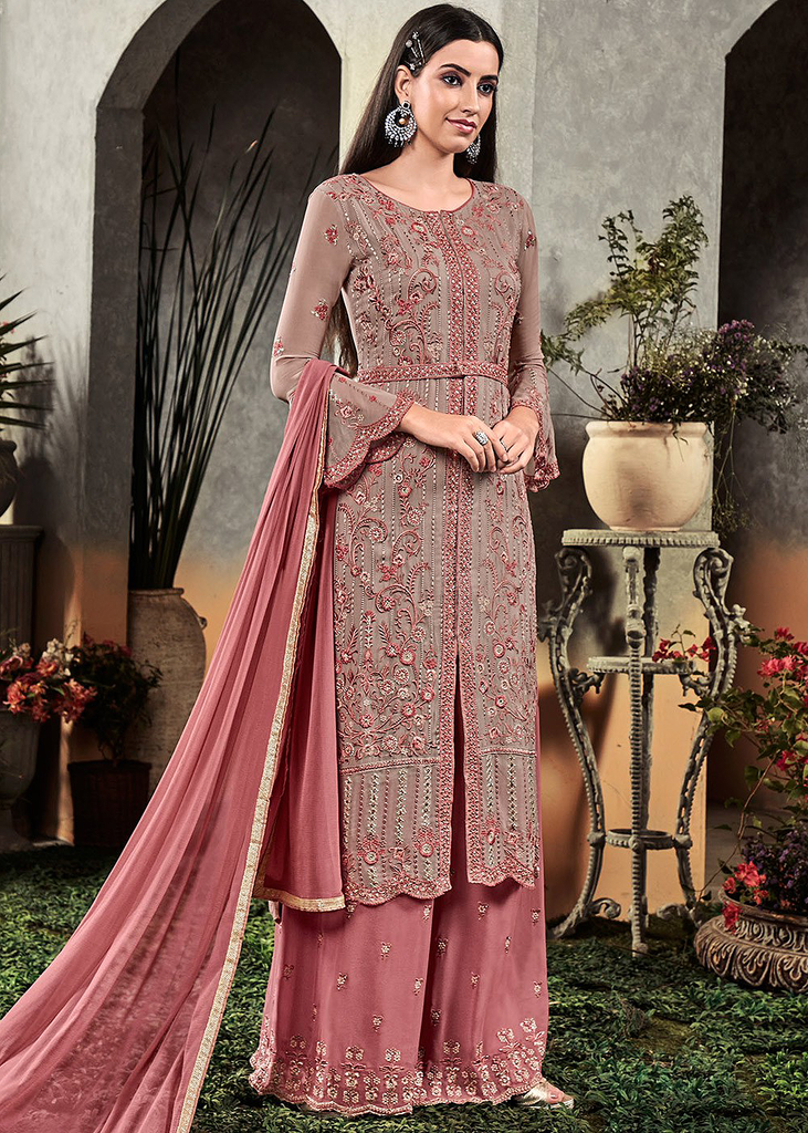 Mauve Gray & Pink Designer Heavy Embroidered Georgette Wedding Palazzo Suit-Saira's Boutique