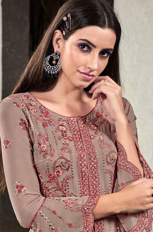 Mauve Gray & Pink Designer Heavy Embroidered Georgette Wedding Palazzo Suit-Saira's Boutique