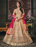 Metallic Beige & Pink Designer Jacquard Silk Party Wear Anarkali Gown-Saira's Boutique