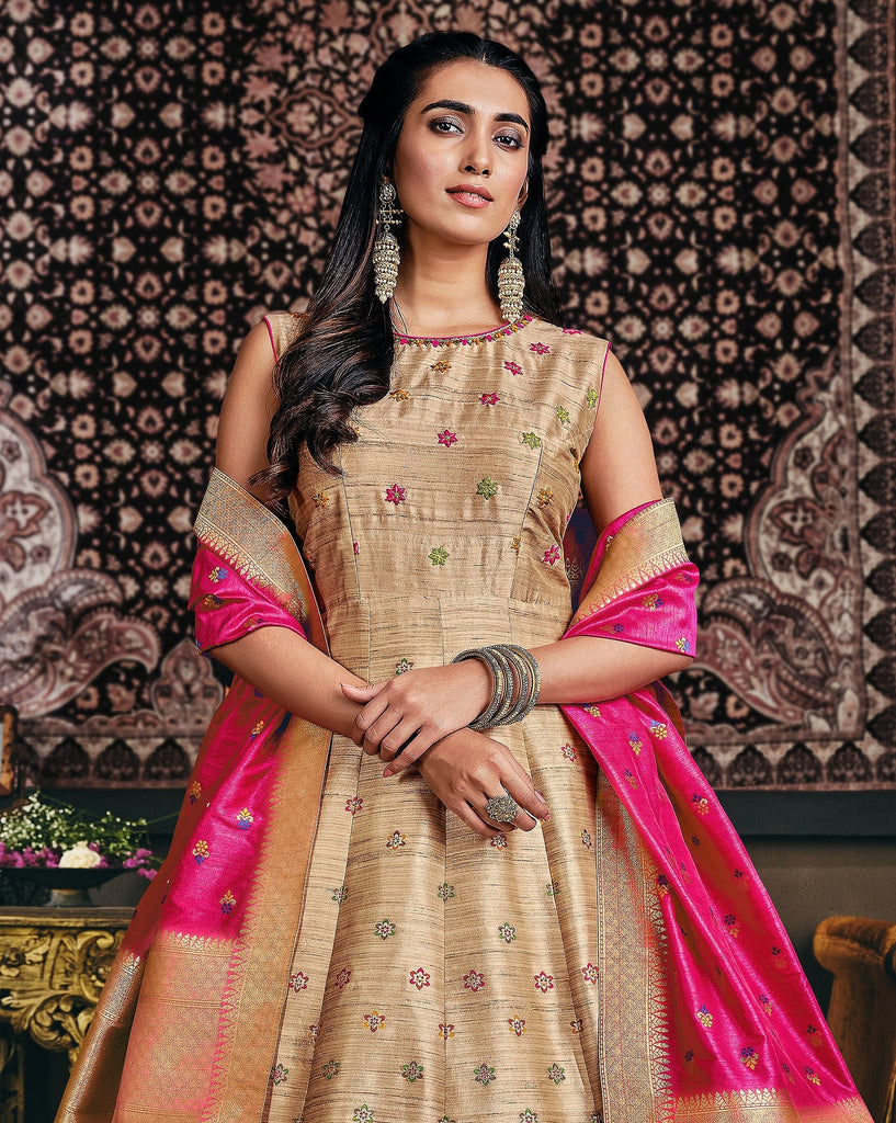 Metallic Beige & Pink Designer Jacquard Silk Party Wear Anarkali Gown-Saira's Boutique