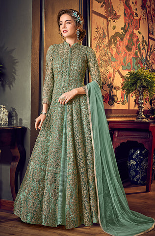 Dusty Green Designer Embroidered Satin Anarkali Gown