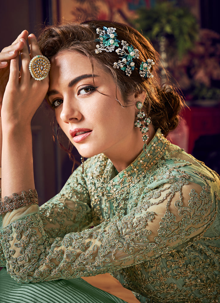 Mint Green Designer Heavy Embroidered Net Wedding Anarkali Gown-Saira's Boutique