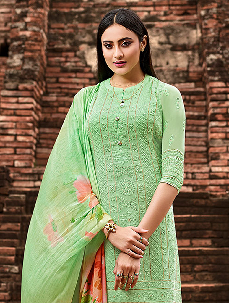 Pastel Yellow Designer Embroidered Lucknowi Chikankari Pant Suit ...