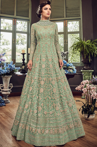 Salmon Pink & Gray Designer Heavy Embroidered Bridal Anarkali Gown