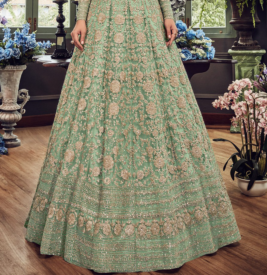 Mint Green Designer Heavy Embroidered Net Bridal Anarkali Gown-Saira's Boutique