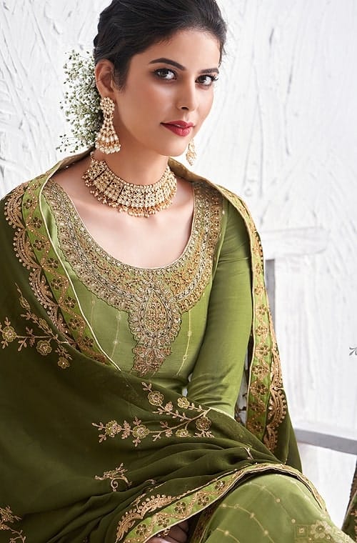 Moss & Mehendi Green Designer Embroidered Silk Party Wear Palazzo Suit-Saira's Boutique