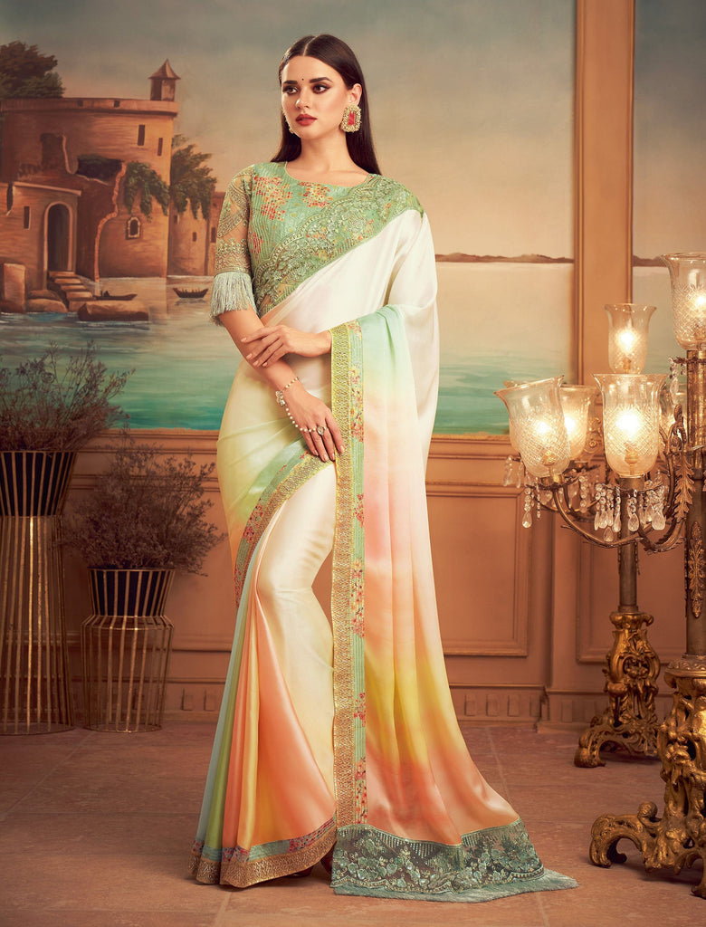 Multicolor & Sage Green Designer Embroidered Silk Party Wear Saree-Saira's Boutique