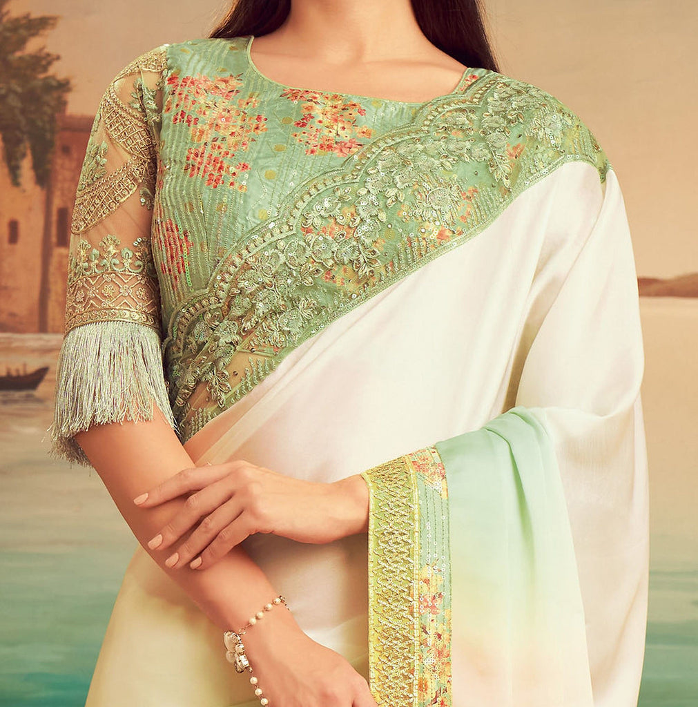 Multicolor & Sage Green Designer Embroidered Silk Party Wear Saree-Saira's Boutique