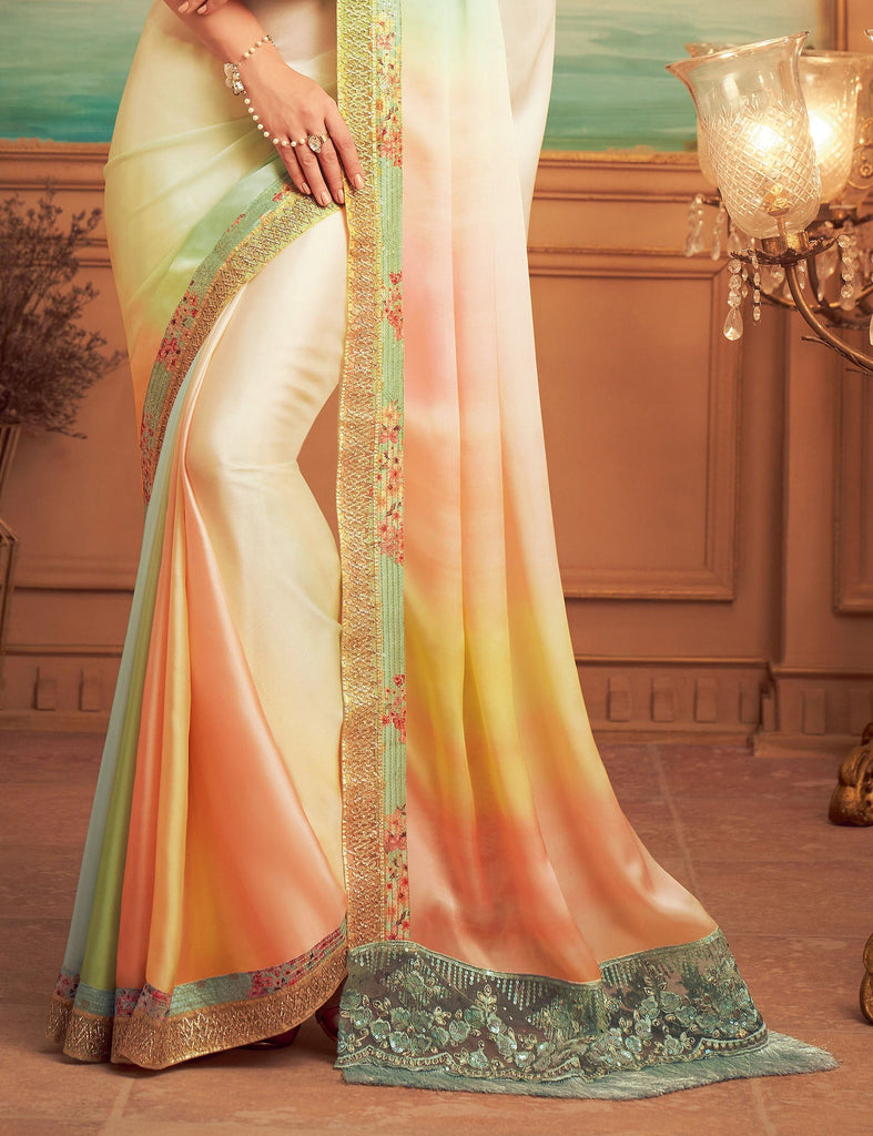 Multicolor & Sage Green Designer Embroidered Silk Party Wear Saree-Saira's Boutique
