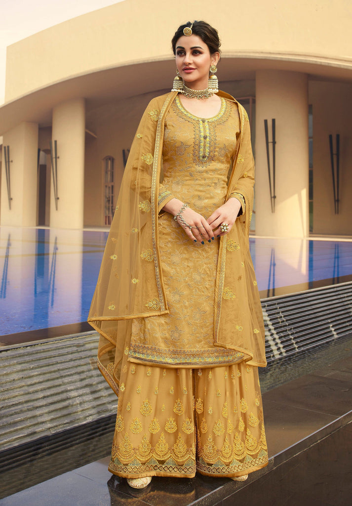 Mustard Beige Designer Embroidered Jacquard Wedding Palazzo Suit-Saira's Boutique