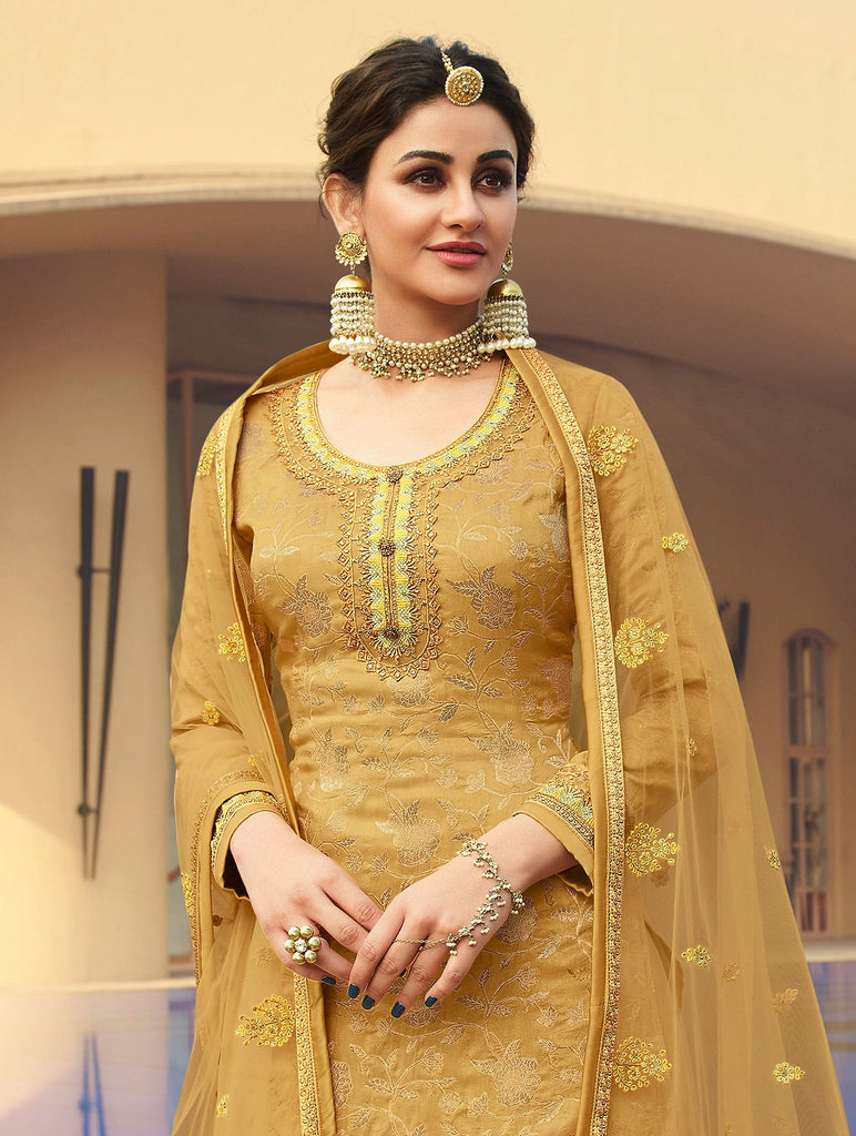 Mustard Beige Designer Embroidered Jacquard Wedding Palazzo Suit-Saira's Boutique