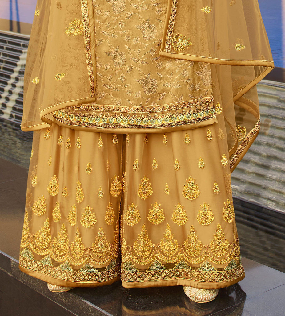 Mustard Beige Designer Embroidered Jacquard Wedding Palazzo Suit-Saira's Boutique