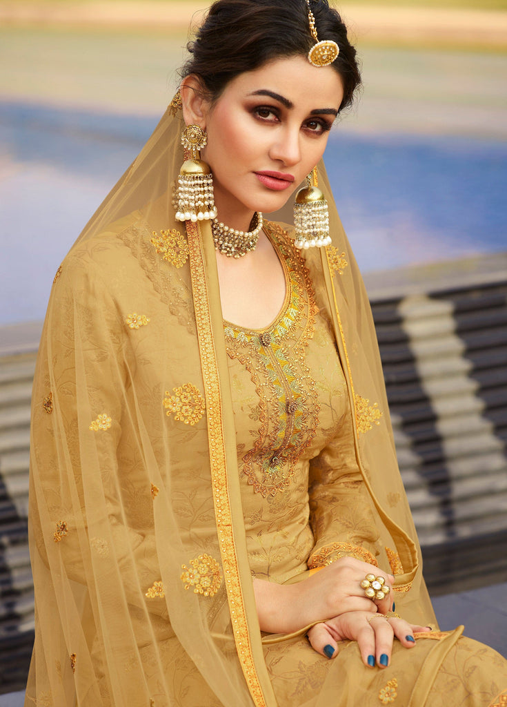 Mustard Beige Designer Embroidered Jacquard Wedding Palazzo Suit-Saira's Boutique