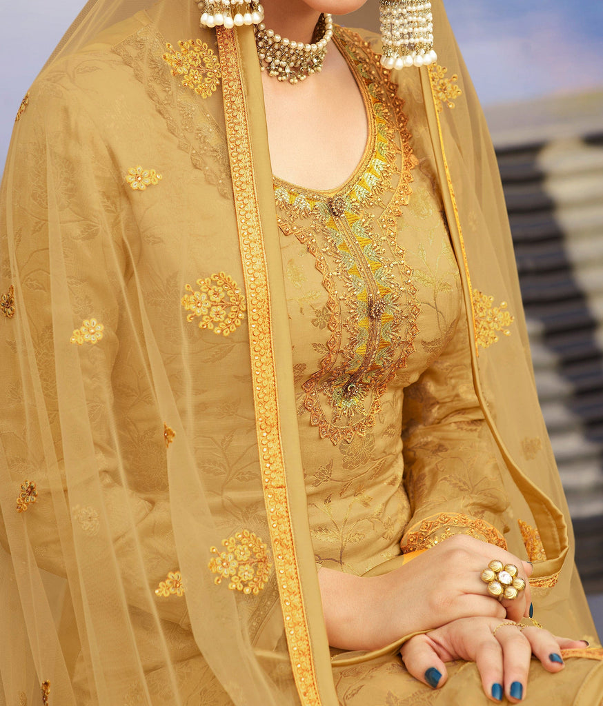 Mustard Beige Designer Embroidered Jacquard Wedding Palazzo Suit-Saira's Boutique