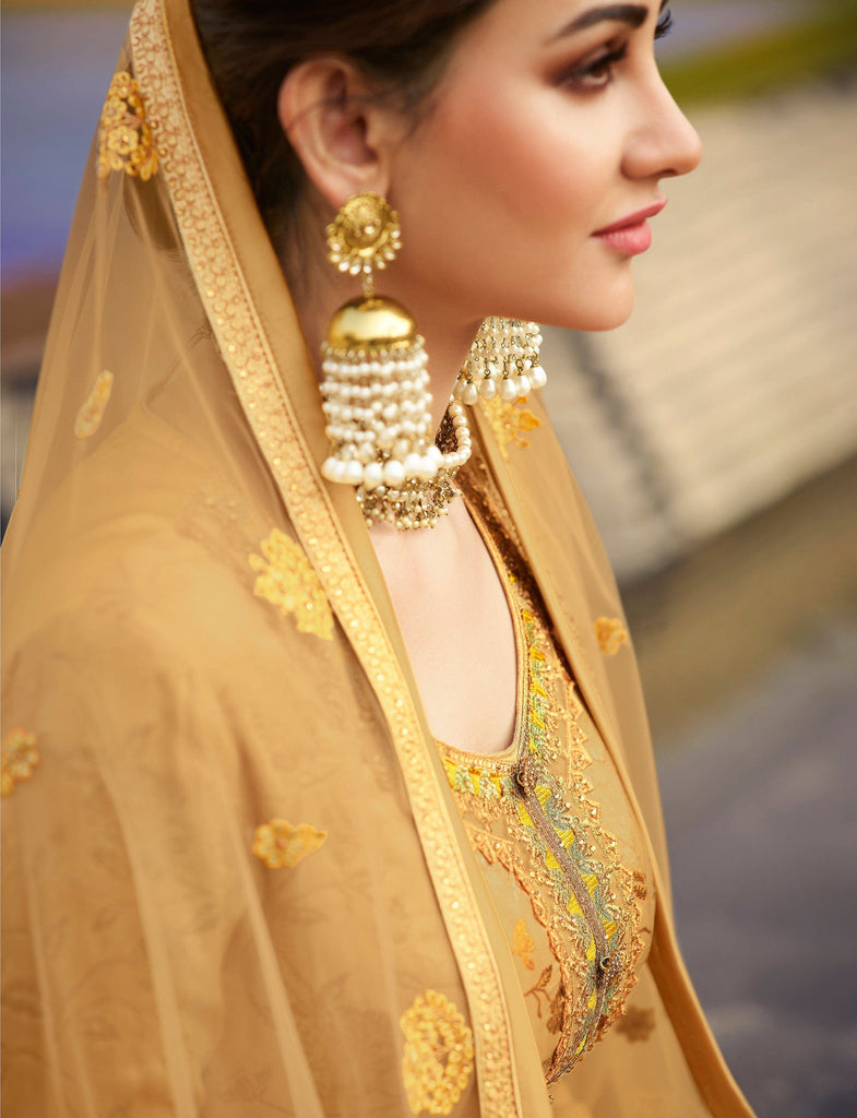 Mustard Beige Designer Embroidered Jacquard Wedding Palazzo Suit-Saira's Boutique