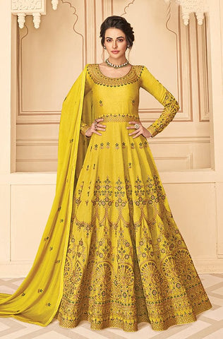 Mustard Designer Embroidered Net Wedding Anarkali Suit