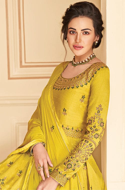 Mustard Designer Embroidered Floor Length Silk Anarkali Suit-Saira's Boutique
