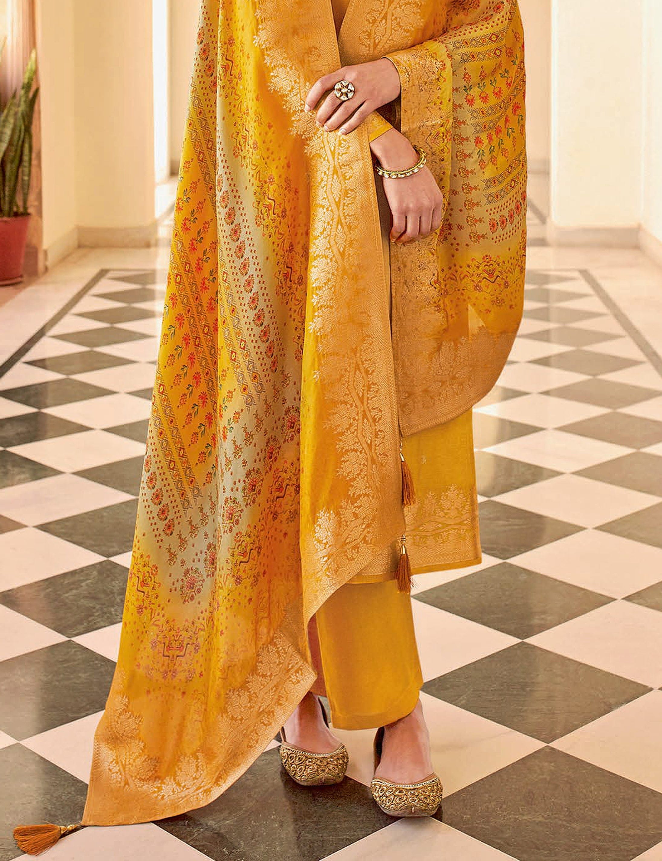 Mustard Designer Embroidered Jacquard Party Wear Pant Suit Saira's