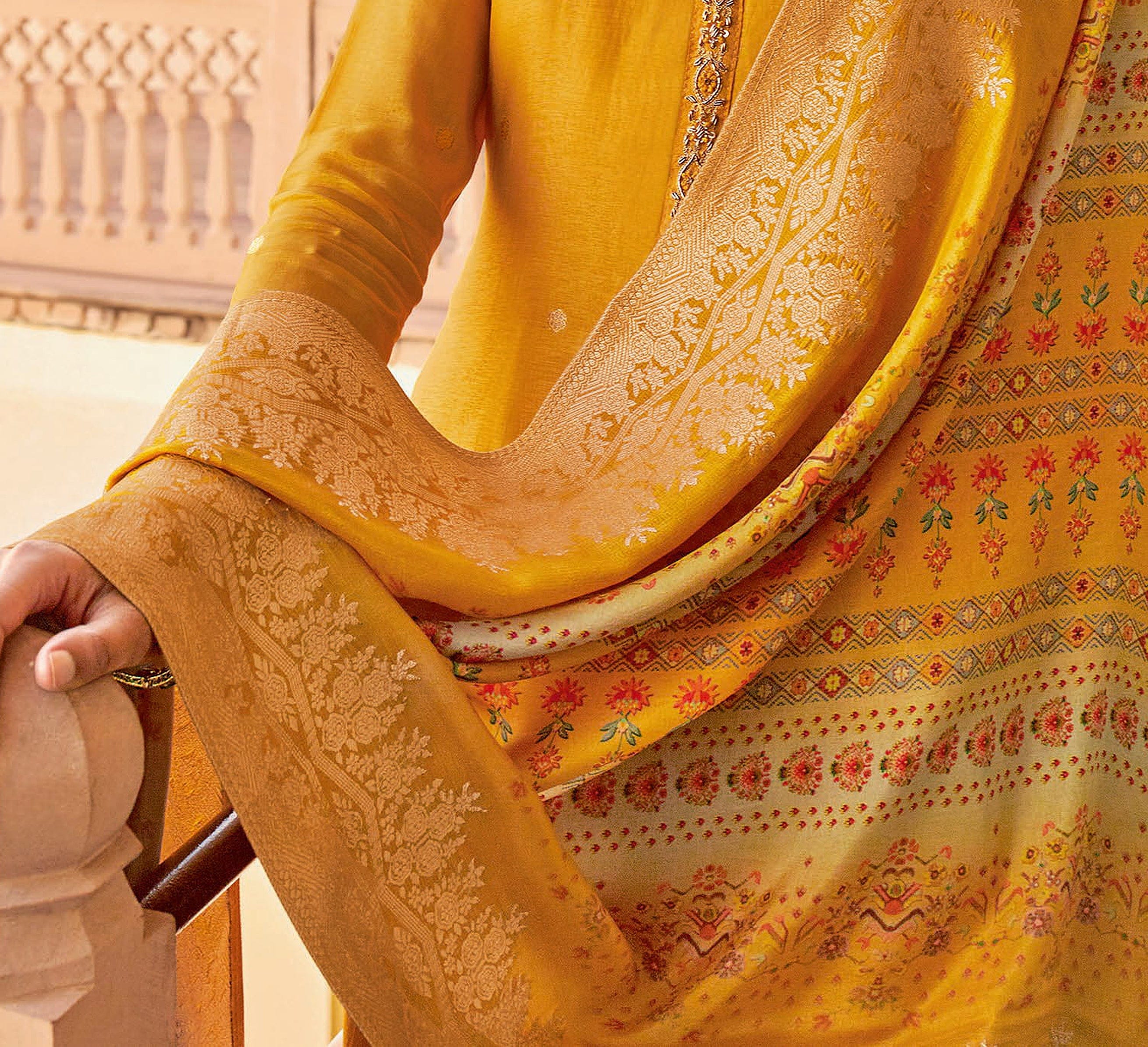 Mustard Designer Embroidered Jacquard Party Wear Pant Suit Saira's