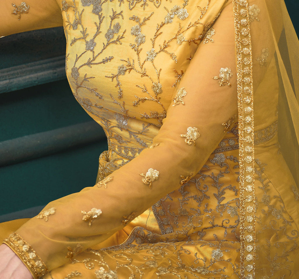 Mustard Designer Embroidered Net Wedding Anarkali Suit-Saira's Boutique