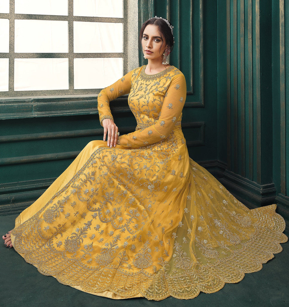 Mustard Designer Embroidered Net Wedding Anarkali Suit-Saira's Boutique