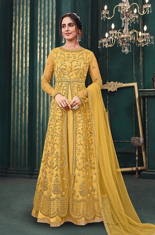 Latest 50 Golden Suits Designs for Women (2022) For Weddings and Parties -  Tips and Beauty | Stand collar dress, Stylish wedding dresses, Floor length  anarkali