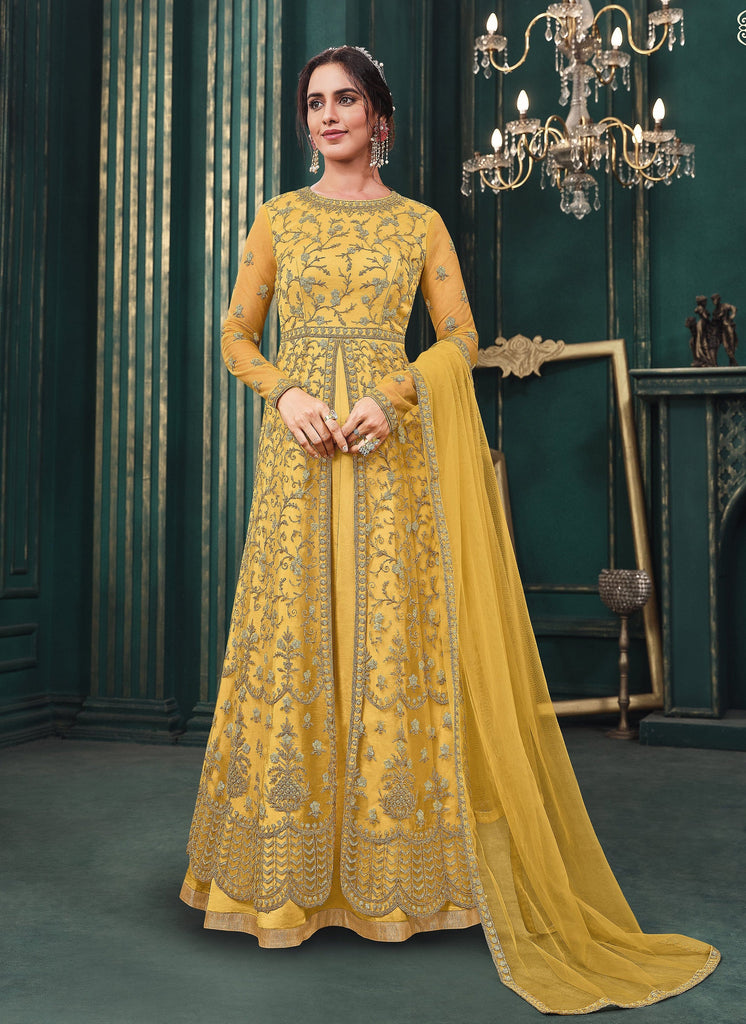 Mustard Designer Embroidered Net Wedding Anarkali Suit-Saira's Boutique