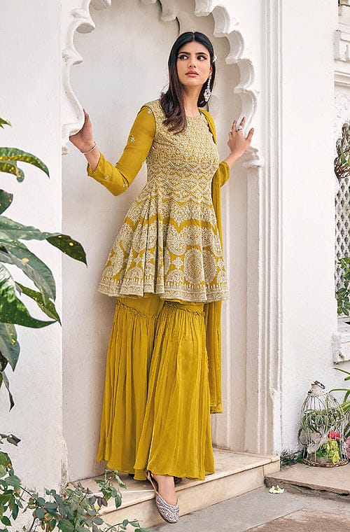 Mustard Designer Embroidered Party Wear Gharara Suit-Saira's Boutique