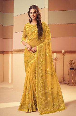 Old Gold Designer Embroidered Silk Wedding Saree