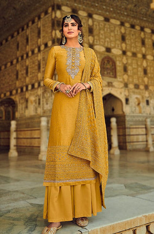 Pale Mustard Designer Embroidered Heavy Chinon Party Wear Sharara Suit