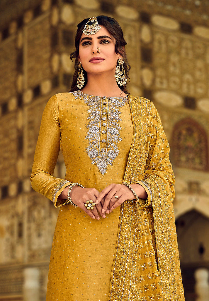 Mustard Designer Embroidered Silk Wedding Sharara Suit-Saira's Boutique