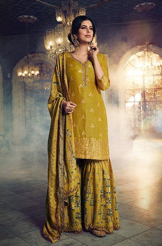 Yellow Designer Embroidered Georgette Party Wear Sharara Suit