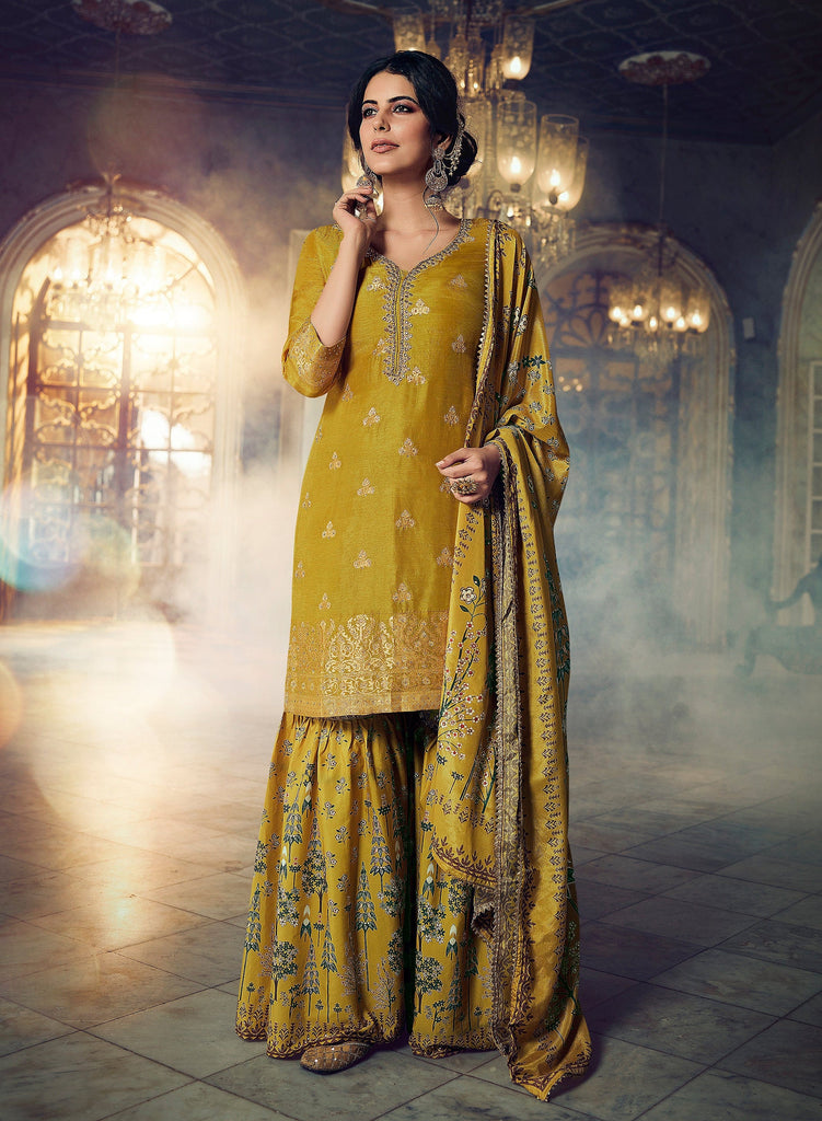 Mustard Olive Designer Embroidered Silk Wedding Gharara Suit-Saira's Boutique