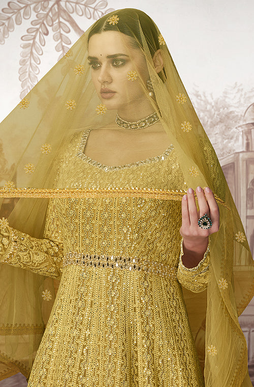 Mustard Olive Designer Heavy Embroidered Wedding Anarkali Suit-Saira's Boutique