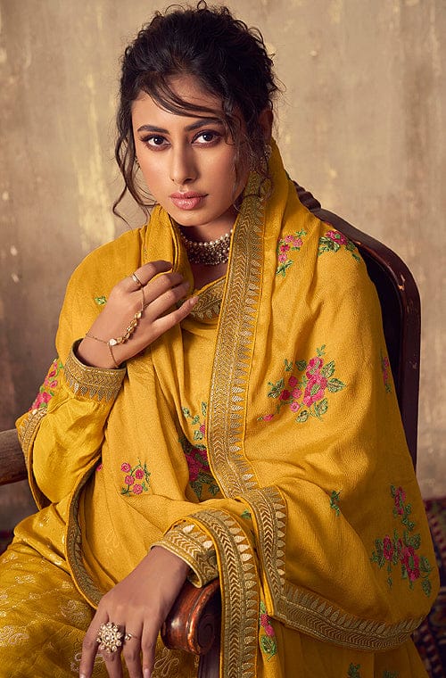 Mustard Yellow Designer Embroidered Party Wear Palazzo Suit-Saira's Boutique