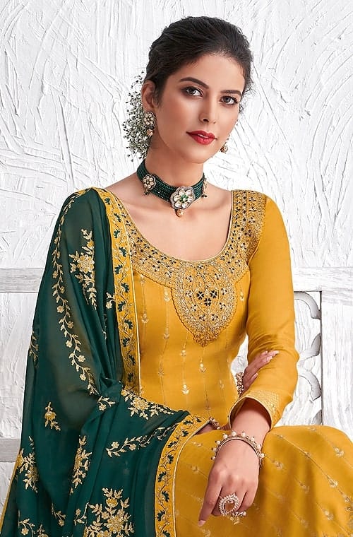 Mustard & Green Designer Embroidered Silk Party Wear Palazzo Suit-Saira's Boutique