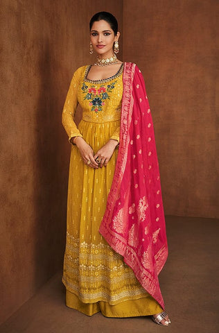 Mustard Designer Embroidered Jacquard Party Wear Pant Suit