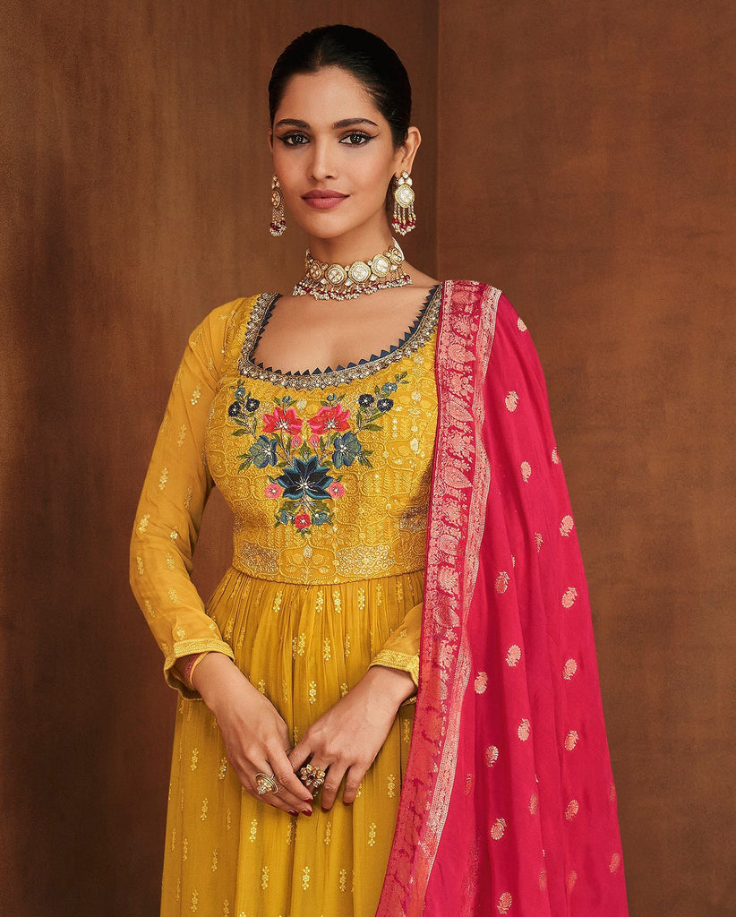 Mustard & Pink Designer Embroidered Georgette Palazzo Suit-Saira's Boutique