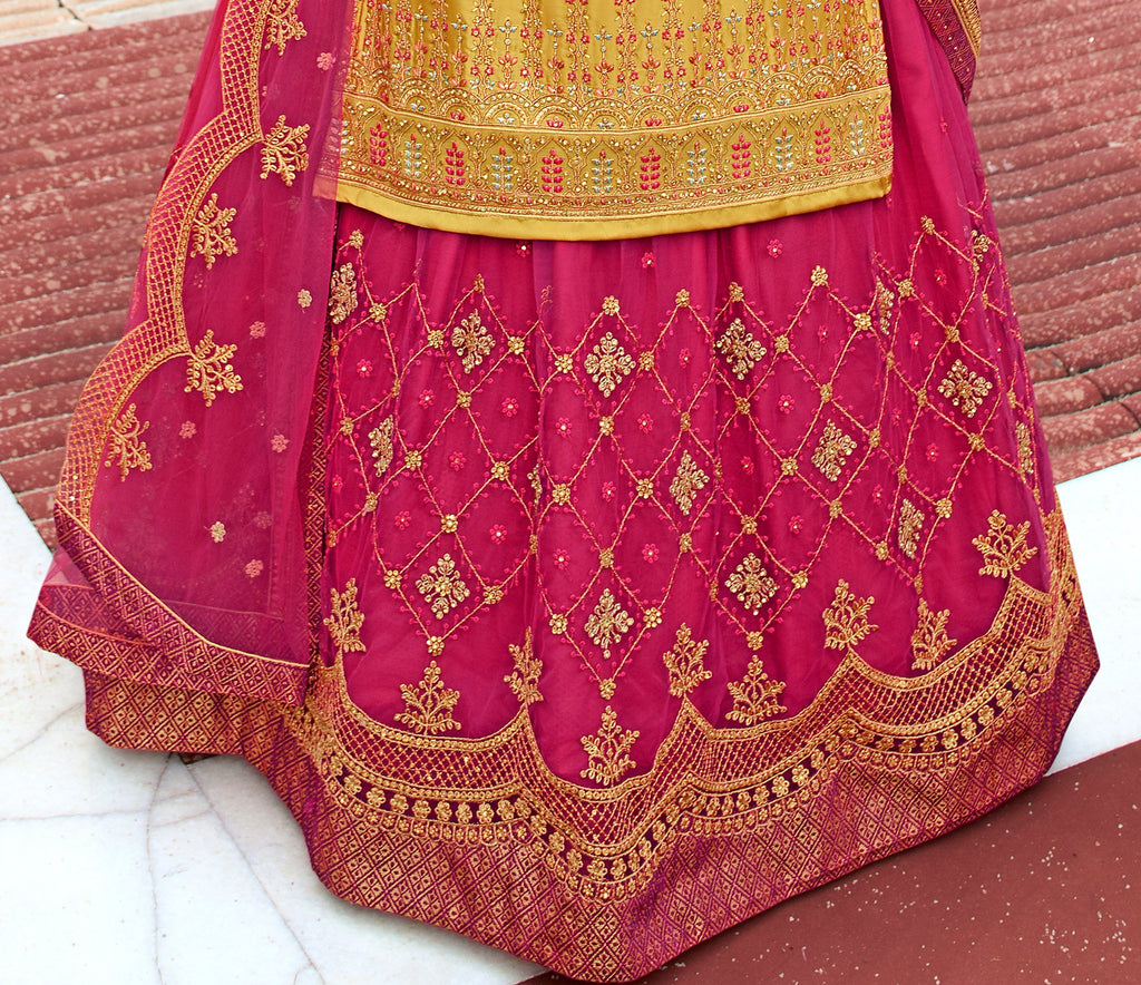 Mustard & Pink Designer Embroidered Net Kurti Style Lehenga-Saira's Boutique