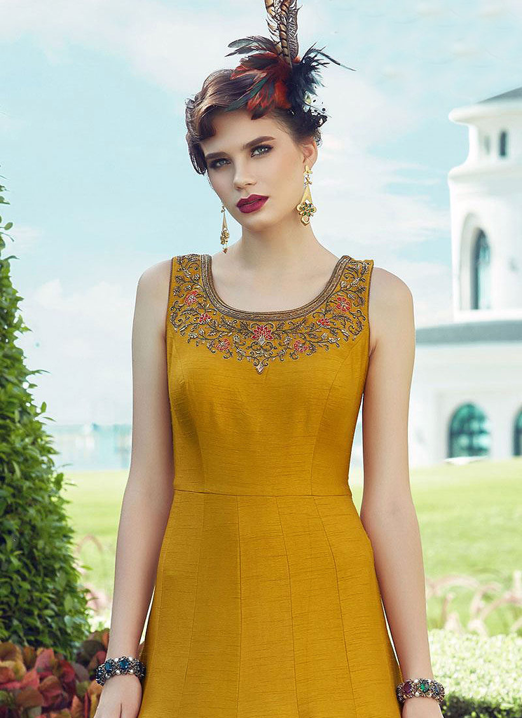 Mustard Yellow Designer Embroidered Silk Party Wear Indo-Western Gown-Saira's Boutique