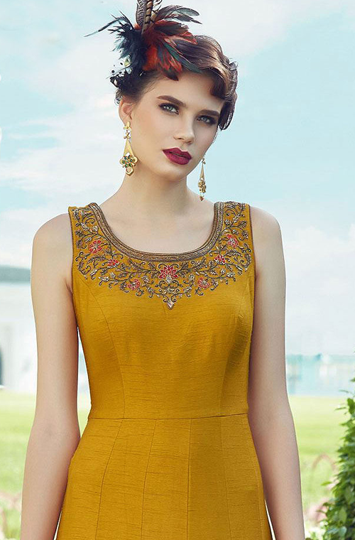 Mustard Yellow Designer Embroidered Silk Party Wear Indo-Western Gown-Saira's Boutique