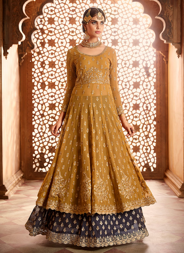 Mustard Yellow & Gray Designer Heavy Embroidered Georgette Anarkali Lehenga-Saira's Boutique